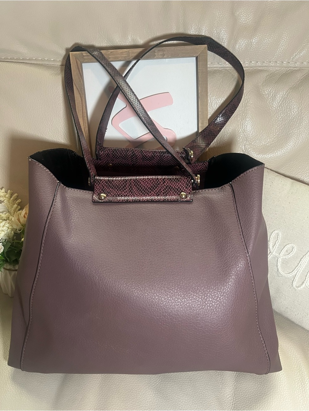 Neiman Marcus Tote Bag in Mauve with Snakeskin Accent - Preloved